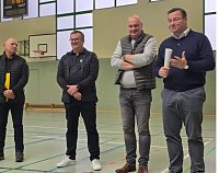 Bild: Landesmeisterschaft des TBRSV in Sondershausen:  Hallenboccia Dieter Schindler, TBRSV Pr&auml;sidenten Volker Stietzel, B&uuml;rgermeister Steffen Grimm der Stadt Sondershausen und Landtagsabgeordneter Stefan Schard (CDU)