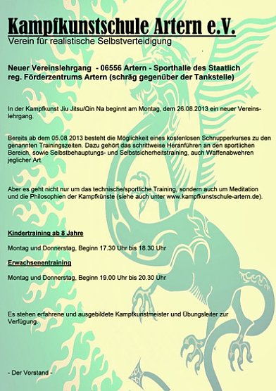 Neuer Vereinslehrgang (Foto: Kampfkunstschule Artern) Neuer Vereinslehrgang (Foto: Kampfkunstschule Artern)