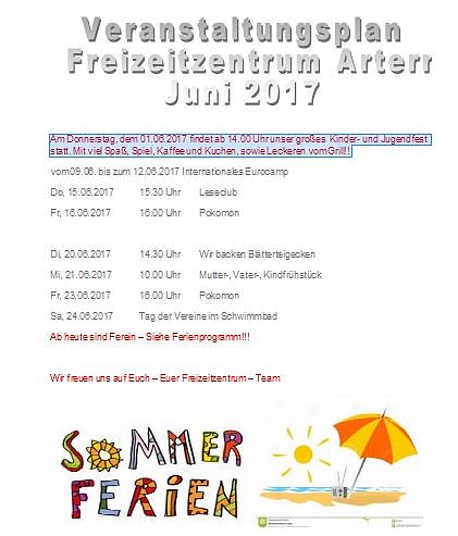 Kindertag und Monatsplan (Foto: Freizeitzentrum Artern)