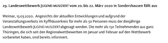 Weitere Absage von Veranstaltungen (Foto: Landesmusikrat Th&uuml;ringen)