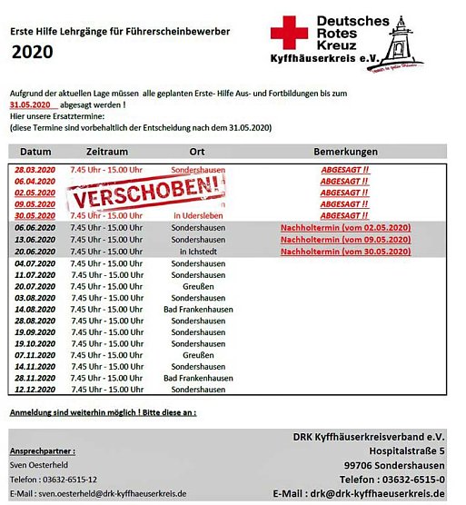 Erste Hilfe Lehrg&auml;nge werden verschoben (Foto: DRK Kyffh&auml;userkreis)