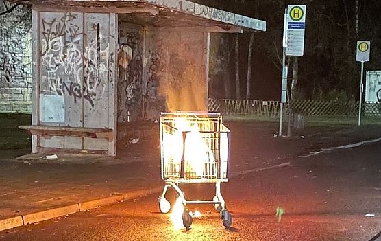 Brennender Einkaufswagen an Bushaltestelle in Bad Frankenhausen (Foto: Feuerwehr Bad Frankenhausen/ Silvio Dietzel)