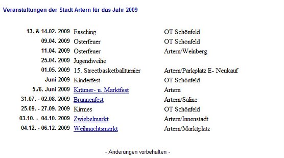 Termine Artern (Foto: Homepage Artern) Termine Artern (Foto: Homepage Artern)