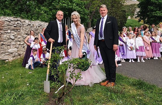 Mitte: Fliederk&ouml;nigin Tanja I., B&uuml;rgermeister Matthias Strejc (re.) beim Fliederfest in Bad Frankenhausen 2022 (Foto: Peter M&ouml;bius)
