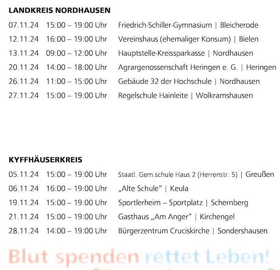 Blutspendetermine im Landkreis Nordhausen und im Kyffhäuserkreis (Foto: Südharz Klinikum) Blutspendetermine im Landkreis Nordhausen und im Kyffhäuserkreis (Foto: Südharz Klinikum)