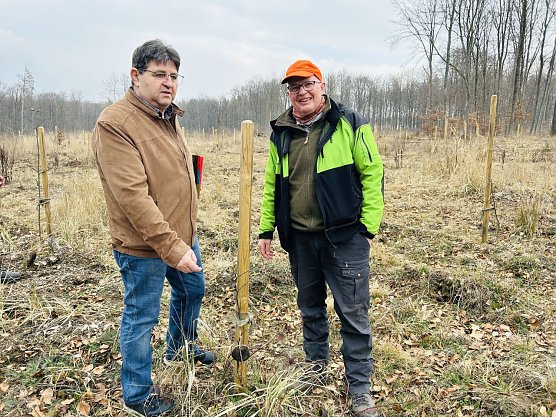 Der Zweite Beigeordnete des Kyffh&auml;userkreises, Thomas Gehlhaar, und Forstamtsleiter Uli Kl&uuml;&szlig;endorf (rechts). (Foto: Andrea Hellmann)