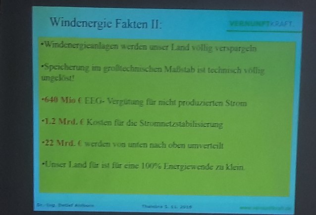 Bild: Gegenwind wird st&auml;rker (2) Am Montag fand im Ortsteil Thalebra von Sondershausen eine Einwohnerversammlung statt. Einziges Thema Windr&auml;der am Hessenweg. Verbunden war das Ganze mit einem Vortrag von Dr. Ing. Detlef Ahlborn...  Dieser Beitrag von Dr. Ing. Detlef Ahlborn von www.vernunftkraft.de &uuml;ber eine halbe Stunde hatte es in sich. Leider waren bei dieser Einwohnerversammlung und diesem Vortrag 