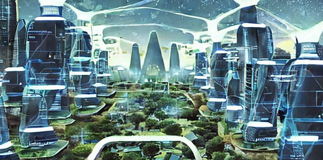 Bild: Die Welt im Jahr 2050 - ein Symbolbild innerhalb von f&uuml;nf Minuten mittels frei verf&uuml;gbarer KI erstellt. Die Qualit&auml;t l&auml;sst noch zu w&uuml;nschen &uuml;brig aber leistungsf&auml;hige Algorithmen wie "Midjourney" lassen schon jetzt Realit&auml;t und digitales Abbild verschwimmen