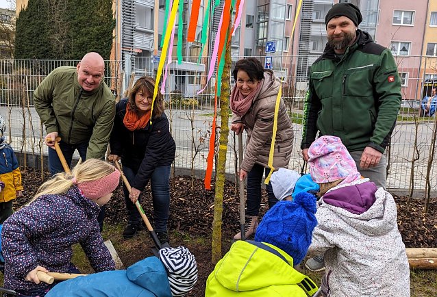 Bild: Baumpflanzung: B&uuml;rgermeister Steffen Grimm (li.), Anja Lemke, Gesch&auml;ftsf&uuml;hrerin der Stadtwerke Sondershausen (2.v.li.), Kitaleiterin Jana Bauer (2.v.re.) und Tobias B&auml;tzoldt, Gesch&auml;ftsf&uuml;hrer der Firma B&auml;tzoldt's Garten- und Landschaftsbau