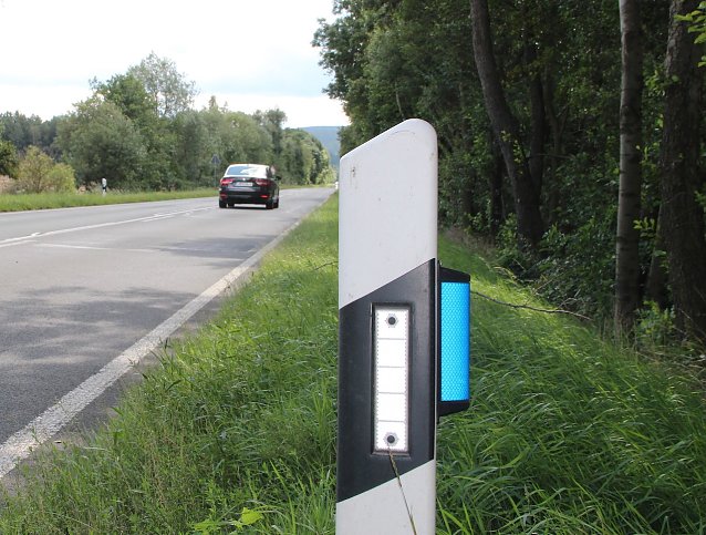 Bild: Zus&auml;tzliche blaue Reflektoren an den Leitpfosten sollen das Wild vergr&auml;men � in der Blattzeit ist ihre Wirkung eher gering