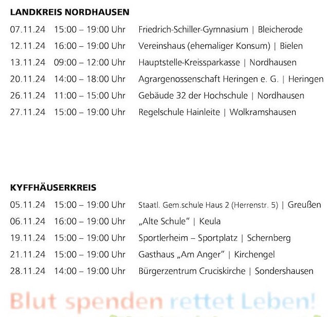 Bild: Blutspendetermine im Landkreis Nordhausen und im Kyffh&auml;userkreis