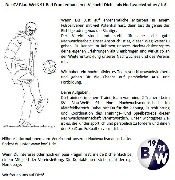Nachwuchstrainer gesucht (Foto: Blau-Wei&szlig; 91 Bad Frankenhausen)