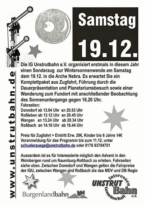 Mit der Bahn zur Wintersonenwende (Foto: IG Unxtrutbahn) Mit der Bahn zur Wintersonenwende (Foto: IG Unxtrutbahn)