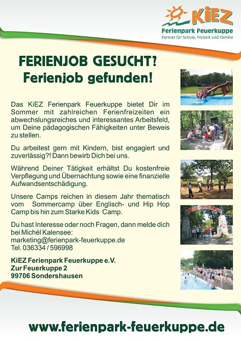 KiEZ Ferienpark Feuerkuppe sucht Betreuer für Sommercamp (Foto: KiEZ Ferienpark Feuerkuppe) KiEZ Ferienpark Feuerkuppe sucht Betreuer für Sommercamp (Foto: KiEZ Ferienpark Feuerkuppe)