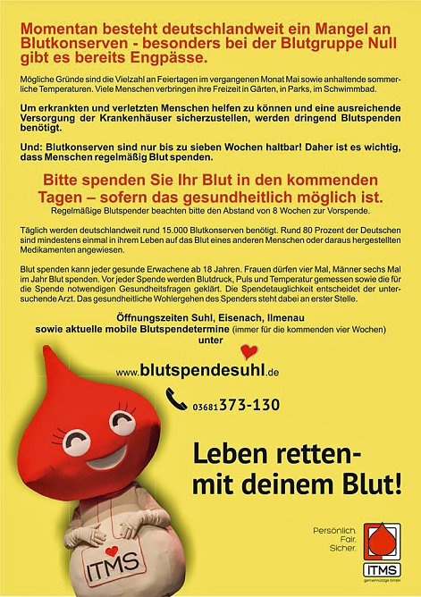 Internationaler Weltblutspendetag (Foto: Institut für Transfusionsmedizin Suhl) Internationaler Weltblutspendetag (Foto: Institut für Transfusionsmedizin Suhl)