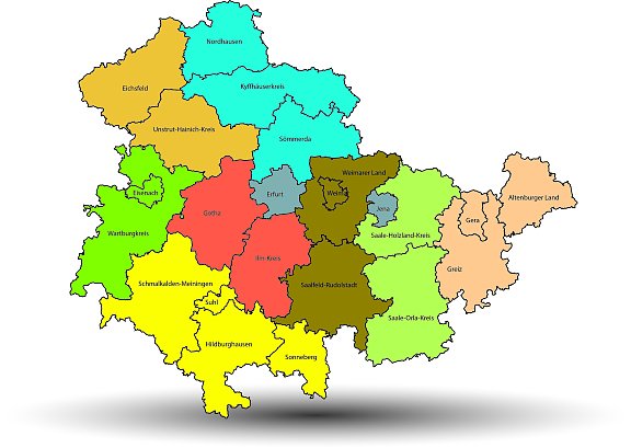 In Erfurt stellte heute Innenminister Holger Poppenh&auml;ger heute seinen Vorschlag zur Gebietsreform vor. Demnach w&uuml;rde es im Freistaat k&uuml;nftig nur noch acht Kreise und zwei Kreisfreie St&auml;dte geben. Nordhausen w&uuml;rde laut Karte mit dem Kyffh&auml;userkreis und S&ouml;mmerda fusionieren, das Eichsfeld mit dem Unstrut-Hainich-Kreis... (Foto: Th&uuml;ringer Ministerium f&uuml;r Inneres und Kommunales)