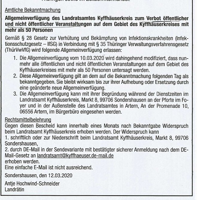 Keine Veranstaltung gr&ouml;&szlig;er 50 Personen im Kyffh&auml;userkreis (Foto: Landratsamt Kyffh&auml;userkreis)