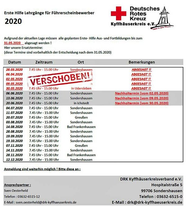 Erste Hilfe Lehrg&auml;nge werden verschoben (Foto: DRK Kyffh&auml;userkreis)