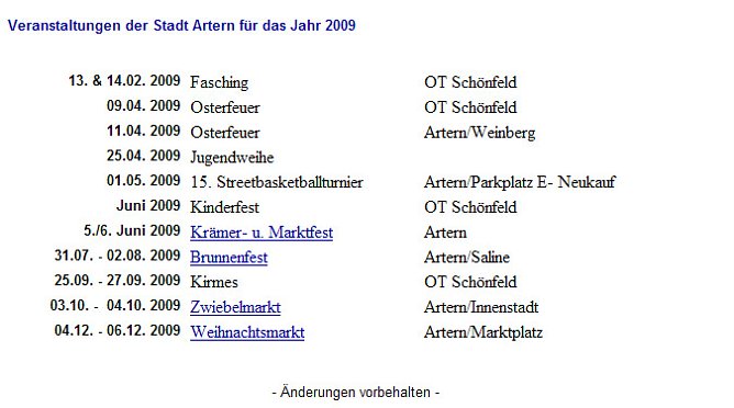 Termine Artern (Foto: Homepage Artern)