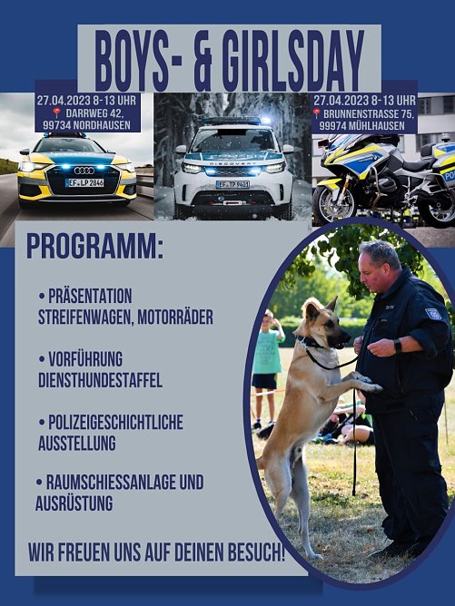 Das Programm zum "Boys and Girlsday" 2023 (Foto: Landespolizeiinspektion Nordhausen) Das Programm zum "Boys and Girlsday" 2023 (Foto: Landespolizeiinspektion Nordhausen)