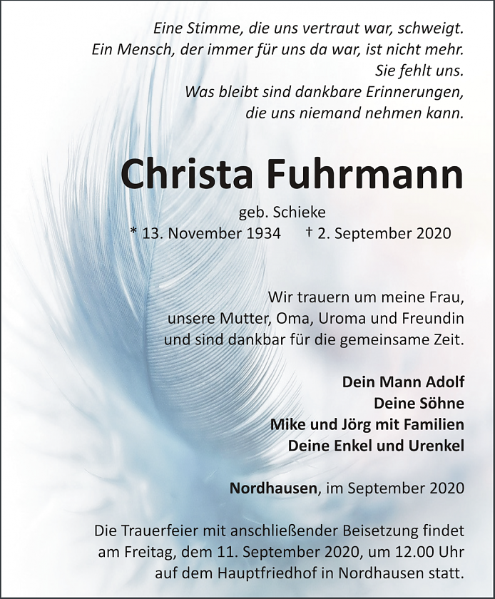 Traueranzeige Christa Fuhrmann (Foto: Bestattungshaus H&ouml;fer)