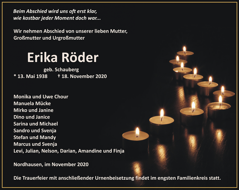 Traueranzeige Erika R&ouml;der (Foto: Bestattungshaus H&ouml;fer)