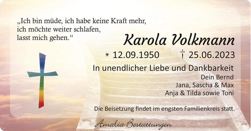 Traueranzeige Karola Volkmann (Foto: Amalia Bestattungen)