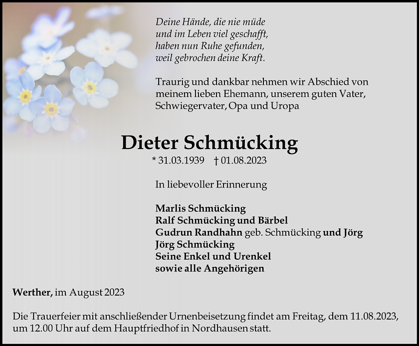 Traueranzeige Dieter Schm&uuml;cking (Foto: Bestattungshaus Eckhard Schade)