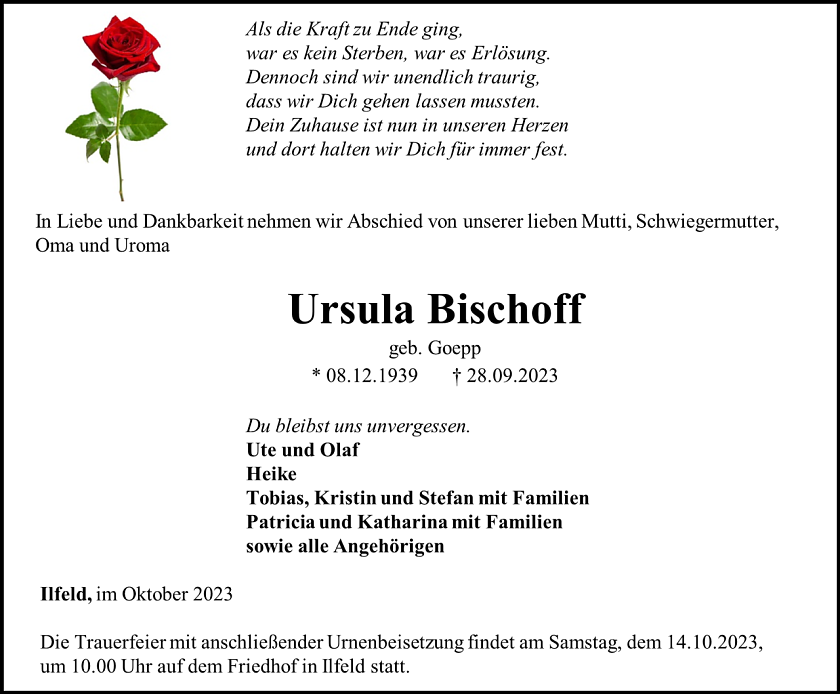 Traueranzeige Ursula Bischoff (Foto: Bestattungshaus Schade)