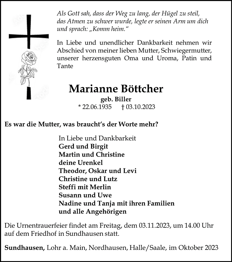Traueranzeige Marianne B&ouml;ttcher (Foto: Bestattungshaus Schade)