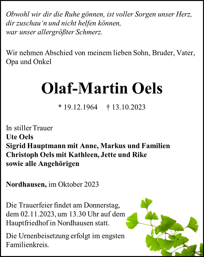 Traueranzeige Oels (Foto: Bestattungshaus Schade)
