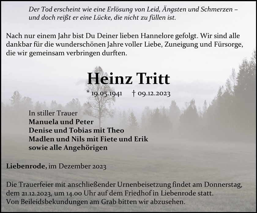 Traueranzeige Heinz Tritt (Foto: Bestattungshaus Eckhard Schade)