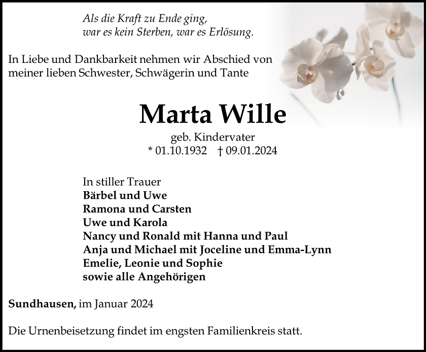Traueranzeige Marta Wille (Foto: Bestattungshaus Eckhard Schade)