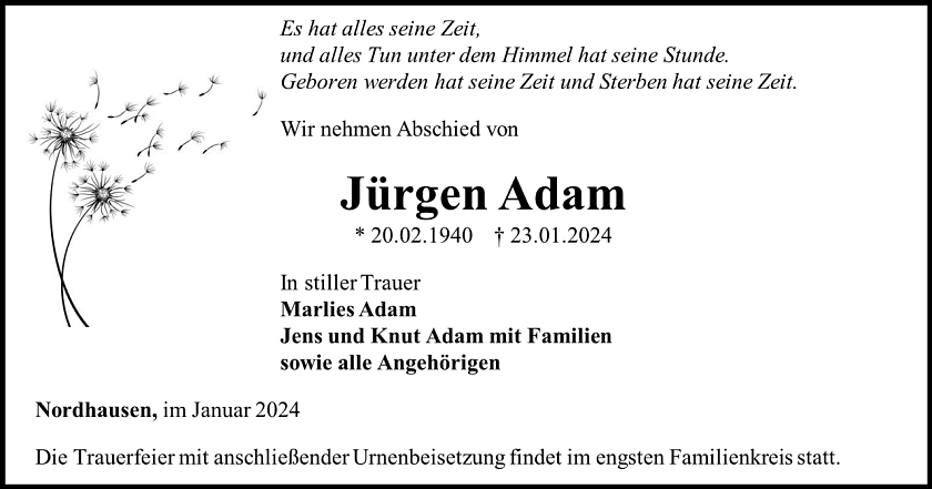Traueranzeige J&uuml;rgen Adam (Foto: Bestattungshaus Eckhard Schade)