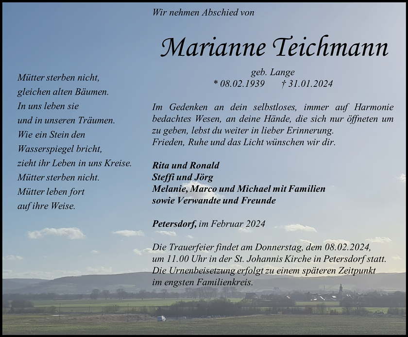 Traueranzeige Marianne Teichmann (Foto: Bestattungshaus Eckhard Schade)