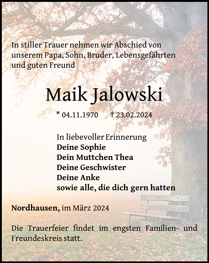 Traueranzeige  (Foto: Bestattungshaus Schade)