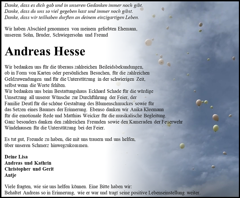 Danksagung (Foto: Bestattungshaus Schade)