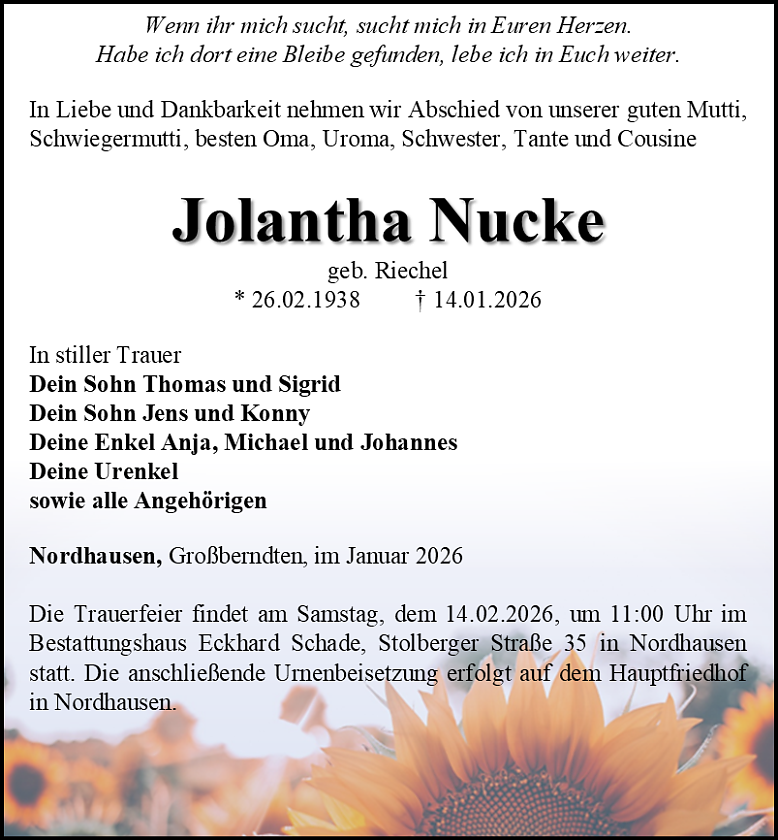 Traueranzeige (Foto: Bestattungshaus Schade)