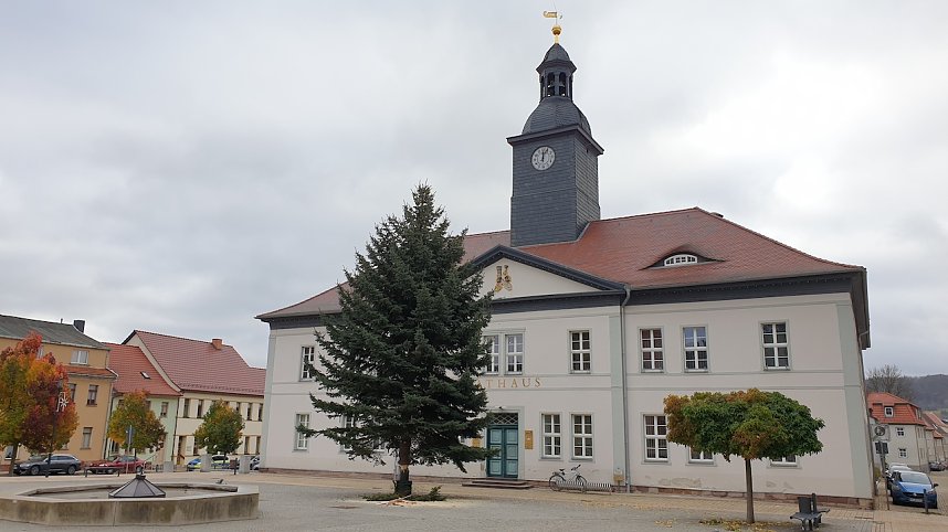Weihnachtstanne wird von dem Frankenh&auml;user Rathaus aufgestellt