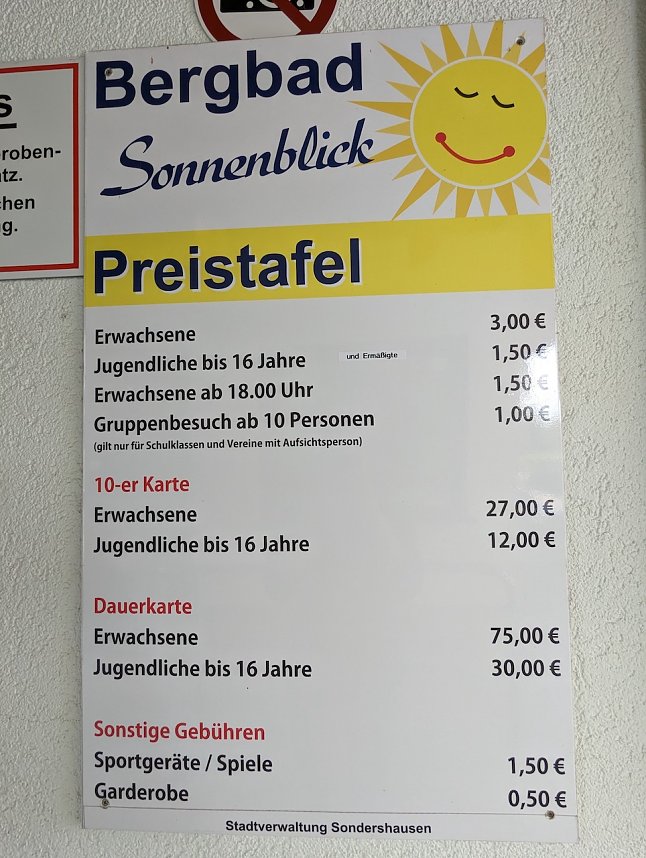 Preistafel f&uuml;r das Bergbad Sonnenblick in Sondershausen