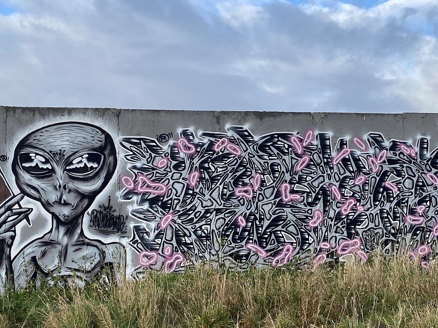 Graffiti mit einem Alien auf einer Wanderung zwischen Rottleben und Frankenhausen